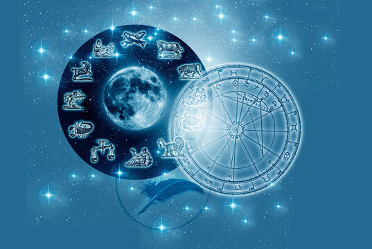 zodiac signs, Moon, stars  and a horoscope  with astrological aspects like Lunar astrology concept in blue tonality