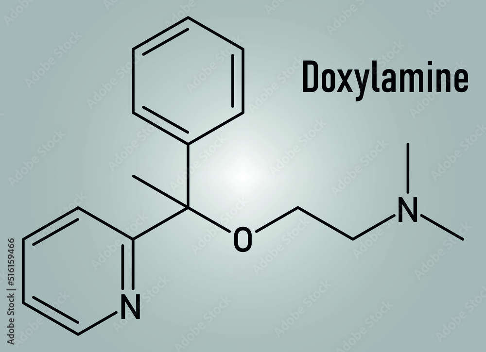 Poster skeletal formula of doxylamine antihistamine drug molecule. also used as over-the-counter, otc, seda