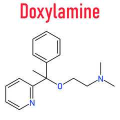 Skeletal formula of Doxylamine antihistamine drug molecule. Also used as over-the-counter, OTC, sedative.