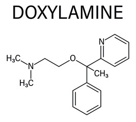 Skeletal formula of Doxylamine antihistamine drug molecule. Also used as over-the-counter, OTC, sedative.