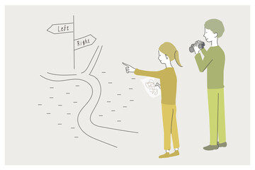 地図と双眼鏡を持って目的地を確認する男女　イラスト