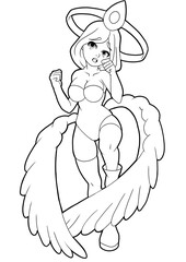Cute angel girl stands on one leg, drawn in anime style, she has big wings, a big crown above her head, contour drawing coloring book