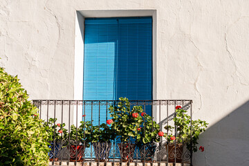 Fototapeta na wymiar Balcony adorned with plants and flowers, with blue shutter, Mediterranean style. 