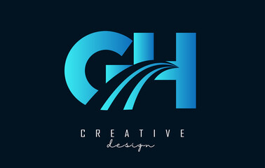 Creative blue letters GH g h logo with leading lines and road concept design. Letters with geometric design.