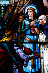 Saint Louis church stained glass window : Saint Louis crusading meets the Emir