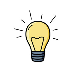 Electric light bulb, the concept of an idea, thinking or solution.  Vector illustration of doodle lamp lighting.