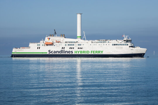 The Scandlines hybrid ferry with its iconic Flettner rotor sail arriving Gedser port in Denmark