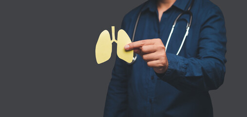 Doctor holding lungs symbol while standing in the hospital - obrazy, fototapety, plakaty