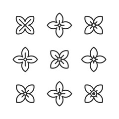 Fototapeta na wymiar Four-leaf flower element. Set of 9 geometric emblem of lilac flower. Modern abstract linear shape for emblem, badge, insignia.