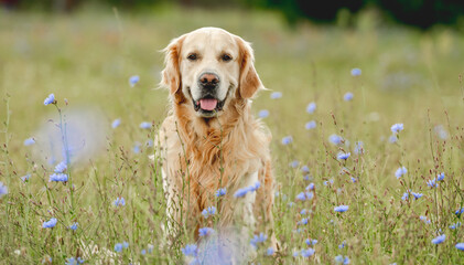 Golden retriever dog outdoors in summer - obrazy, fototapety, plakaty