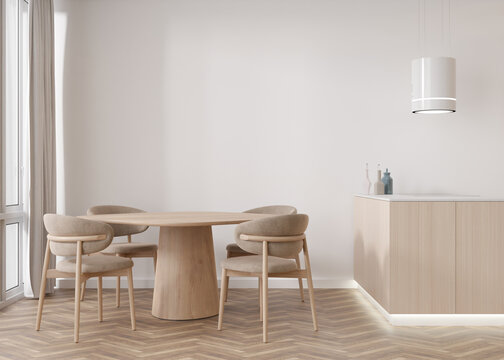 Empty white wall in modern living room. Mock up interior in scandinavian style. Free, copy space for your picture, text, or another design. Table with chairs. 3D rendering.