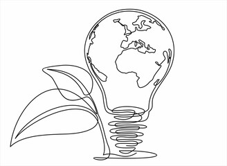 continuous line drawing of planet earth as a light bulb and growing sprout. planet Earth seedling eco natural concept design sketch drawing vector illustration art