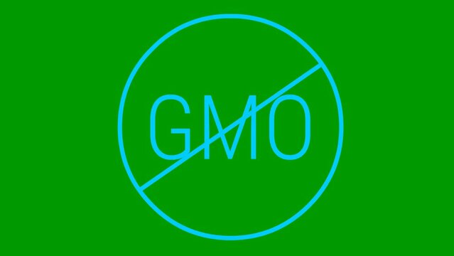 Animated blue icon GMO free. Non genetically modified foods. Vector illustration isolated on green background.