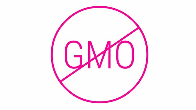 Animated pink icon GMO free. Non genetically modified foods. Vector illustration isolated on white background.