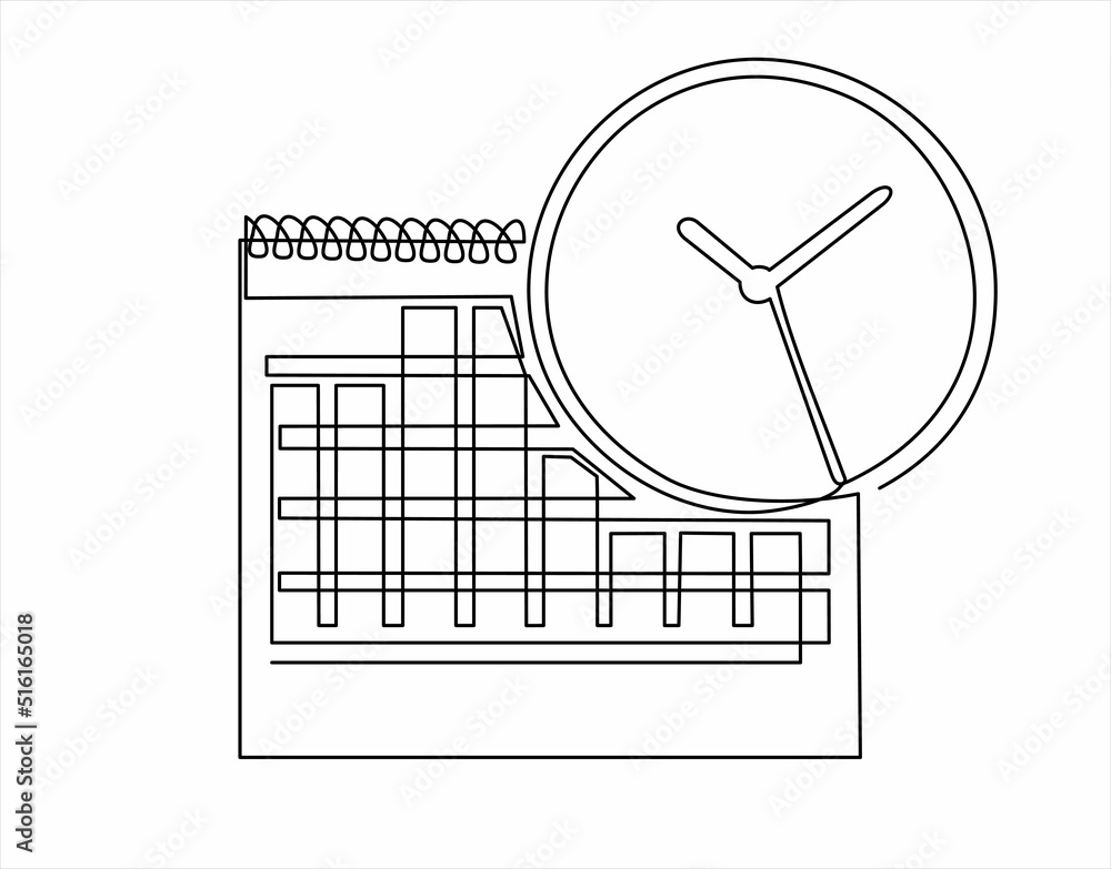 Poster continuous one single line drawing of calendar and clock icon. schedule, appointment, important date