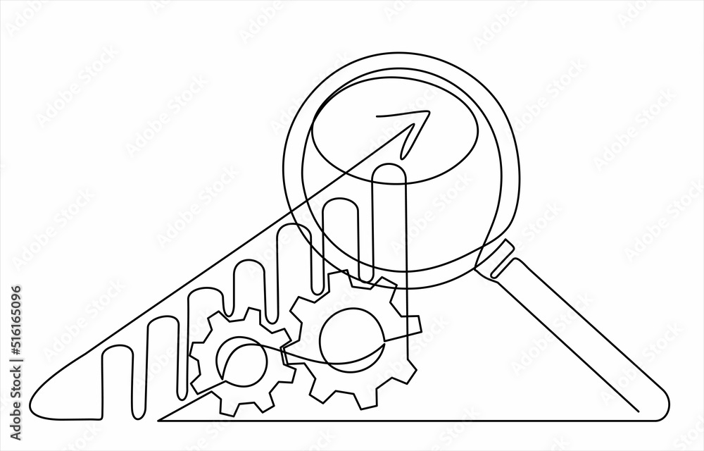 Aufkleber continuous one line drawing of increasing up arrows bar graph and magnifying glass. search. hand dra