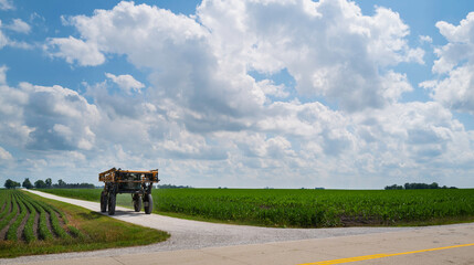 Dramatic cloudscape over the Midwest American road with a tractor traveling through cornfields in...