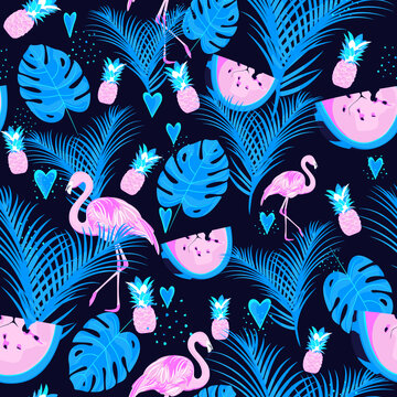 Party tropical seamless pattern with flamingo, palm trees, watermelon, monstera and pineapple. Packaging design, prints, textiles, bedding and wallpapers.