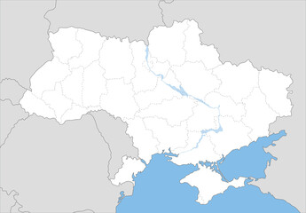 ウクライナの州境のある白地図、近隣国