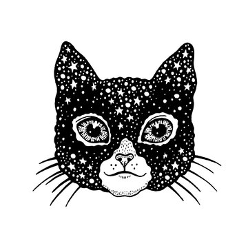 Cat tattoo. Witch black kitten face. Celestial cat from wonderland. Abstract gothic and alchemy t shirt design. Vector animal with crazy smile. Evil psychedelic midnight illustration. Halloween tattoo
