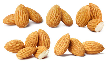Collection of delicious almonds, isolated on white background