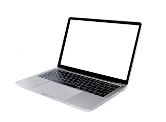Front view of Laptop with blank screen in angled position. Blank white screen display for mockup isolated on white background, mockup template, with clipping path.