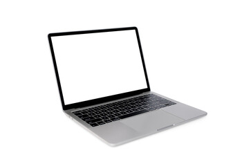 Front view of Laptop with blank screen in angled position. Blank white screen display for mockup isolated on white background, mockup template, with clipping path.