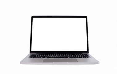 Front view of Laptop with blank screen. Blank white screen display for mockup isolated on white background, mockup template, with clipping path.