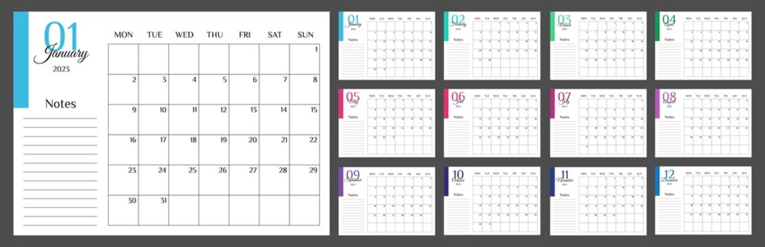 Monthly calendar 2023. Calendar 2023 template planner minimalist. Colorful planner 2023 with calendar. Vector illustration. Blank white notebook page A4. Printable template. Week Starts on Monday