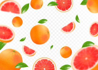 Realistic 3d flying grapefruit on transparent background. Fruit citrus background. Isolated whole and pieces of juicy fruit with leaves. Blurry objects. Vector seamless pattern for advertising.