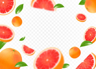 Realistic 3d flying grapefruit on transparent background. Fruit citrus background. Isolated whole and pieces of juicy fruit with leaves. Blurry objects. Vector seamless pattern for advertising.