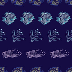 Horizontal marine seamless pattern. Vector illustration of tropical fish and turtle drawn by hand. isolated on a darkblue background. Pattern design for Fabric, paper, cover, wrapping paper, interior