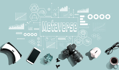 Metaverse theme with electronic gadgets and office supplies - flat lay