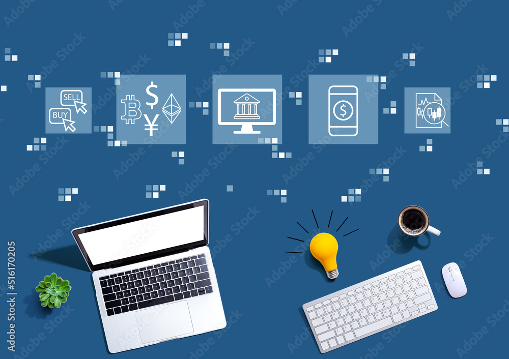 Aufkleber cryptocurrency fintech theme with computers with a light bulb from above
