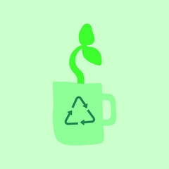 Green sprout in a cup. Recycling sign. Picture on ecology, environmental protection, zero-waste, waste processing, air pollution, development of environmental friendliness, eco-friendly.