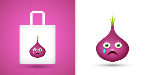 Red Onion on white tote bag. Vector