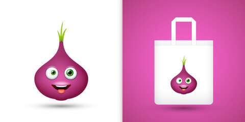 Red Onion on white tote bag. Vector