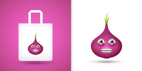 Red Onion on white tote bag. Vector