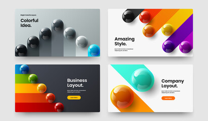 Geometric realistic balls placard illustration set. Modern postcard design vector layout bundle.