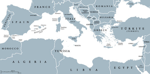 The Mediterranean Sea, gray political map with international borders, countries and islands. Connected to the Atlantic Ocean, surrounded by the Mediterranean Basin, almost completely enclosed by land.