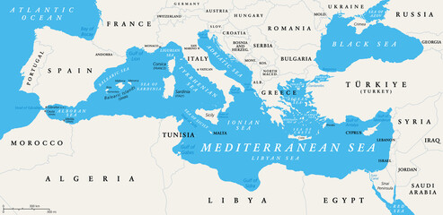 The Mediterranean Sea subdivisions, political map with straits, countries and the Black Sea. Connected to the Atlantic Ocean, surrounded by the Mediterranean Basin, almost completely enclosed by land. - obrazy, fototapety, plakaty