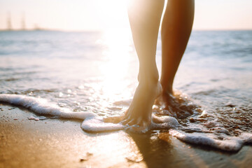 Close- up leg of young woman walking along wave of sea water and sand on the summer beach. The...