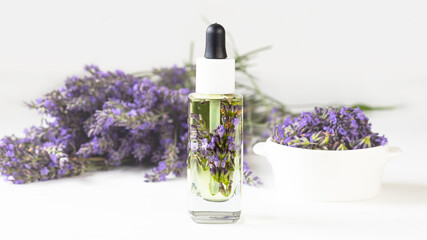 Obraz na płótnie Canvas Glass bottle of Lavender essential oil with fresh lavender flowers and dried lavender seeds on white background, aromatherapy spa massage concept. Lavandula oleum.