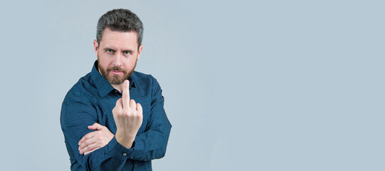 Flipping someone off. Bearded man show middle finger upwards. Obscene hand gesture, fuck you. Man...