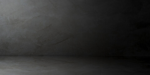 Empty dark gray cement wall room interiors studio backgrounds and rough floor with soft light well editing montage display products and text present on free space concrete backdrop