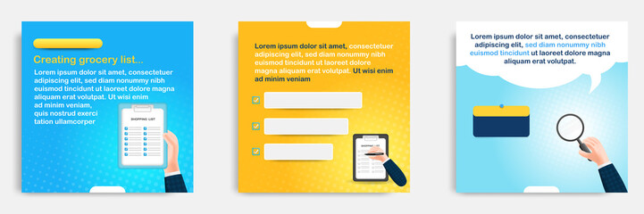 Social media post banner template, tips, tutorial, wisdom, advice, in 3D cartoon style. Shopping list concept