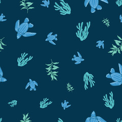 Vector seamless pattern with decorative ocean turtles coral and sea plants. isolated on a darkblue background. Decorative cute wallpaper, good for printing. Design illustration.