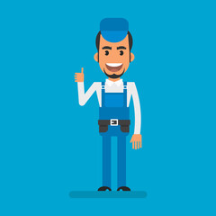 Repairman showing thumbs up and smiles. Flat people. Vector Illustration