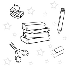 Illustration vector grafhic of stationery, pencil, eraser, sharpener, scissors, perfect for coloring, learning to color for children, presentations