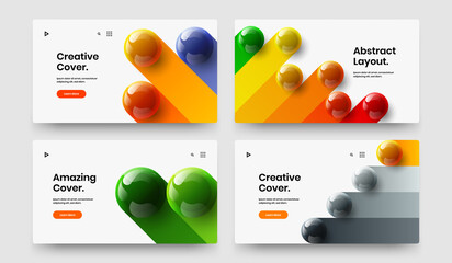Unique pamphlet design vector layout collection. Colorful 3D spheres journal cover illustration bundle.